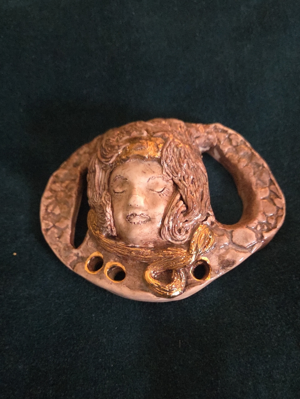 Paula Whitaker Original Ceramic Wall Art Plaque with Gold-Accented Face Vintage